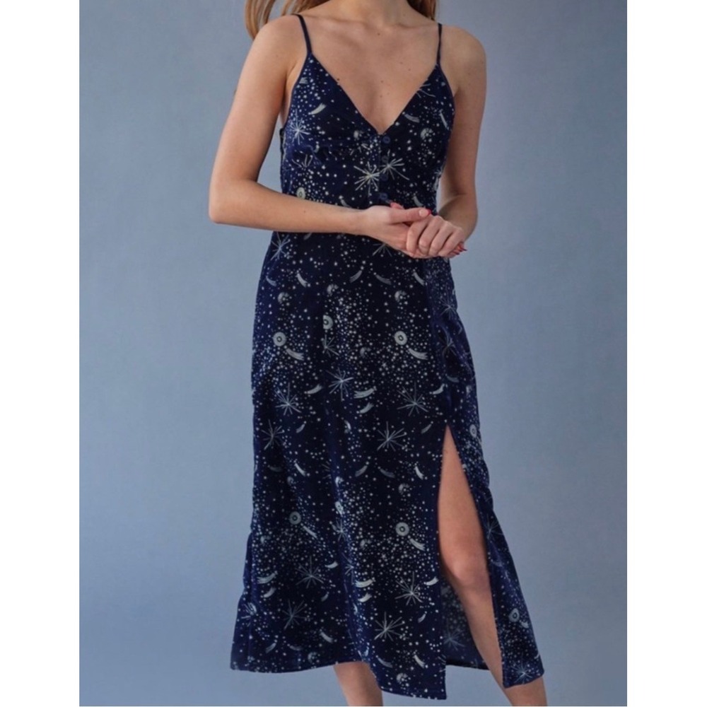 Urban Outfitters Celestial Velvet Midi Dress Womens Medium Navy Starry Night